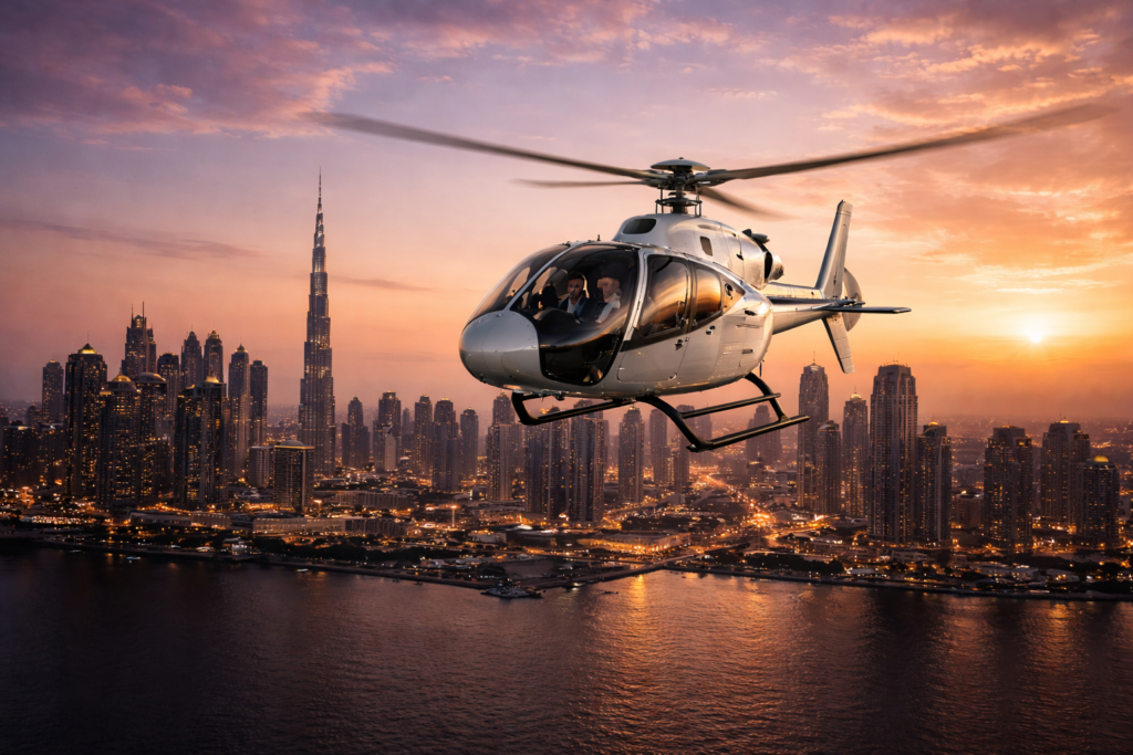 Helicopter and dubai skyline