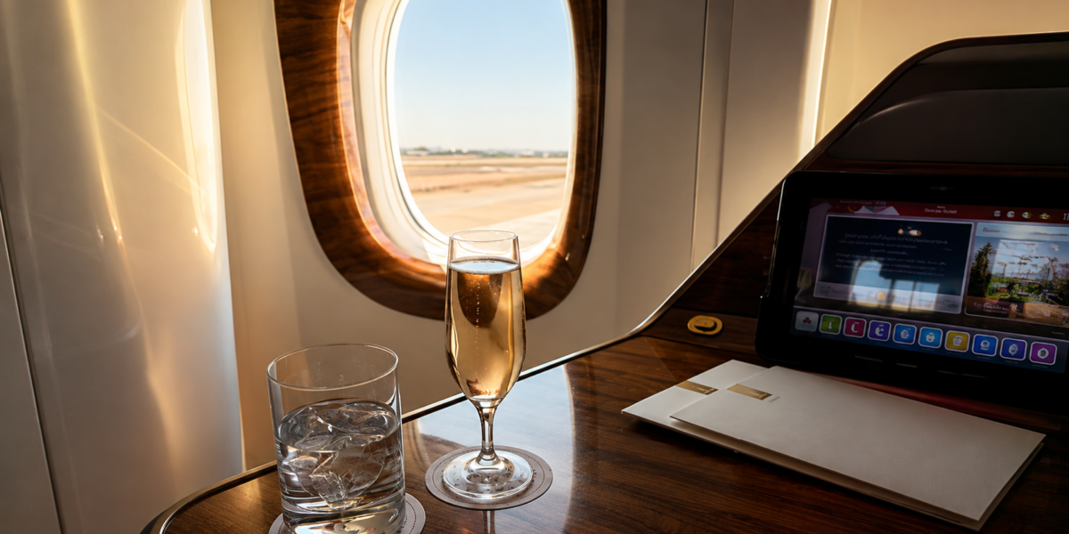 luxury travel onboard flight with sparkling